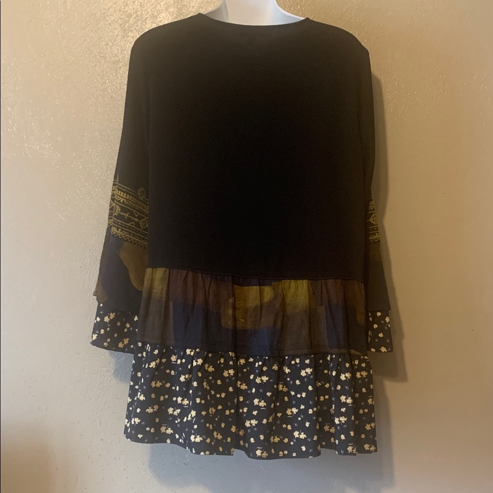 Calessa S Black Gold Navy Brown Embroidered Ruffled Multi-pattern Tunic - Picture 7 of 8